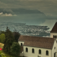 lovely church above a lake town