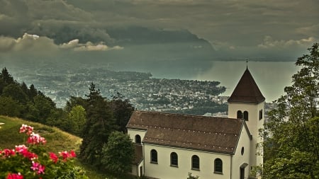 lovely church above a lake town - lake, town, mountain, church, clouds