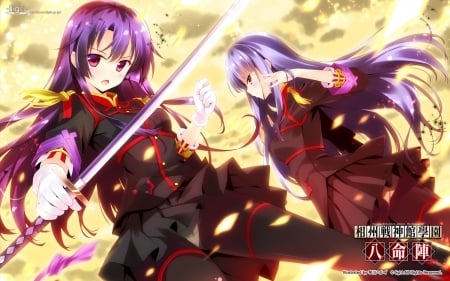 Gadou Rinko and Sera Mizuki - pretty, anime, female, sousyu sensinkan gakuen hachimyoujin, light, long hair, pink eyes, gadou rinko, beauties, weapon, nice, purple hair, sky, purple eye, moon, anime girl, game, skirt, beautiful, sword, cool, sweet, cg, unifrom, smile, awesome, sera mizuki