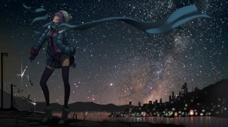 Senjougahara Hitagi - beauty, nice, sky, female, water, anime girl, senjougahara hitagi, pretty, anime, cute, short hair, bakemonogatari, stars, skirt, citylight, blue eyes, night, purple hair, beautiful, city, sweet, uniform, smile, sea