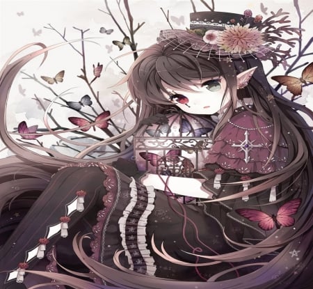 Dark Elf - woman, beauty, female, black, purple, art, pretty, anime, tree, cute, butterflies, lady, girl, sad, long hair, birdcage, lovely, beautiful, sweet, flowers, dress