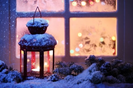 ~Silent Night~ - winter, beautiful, window, snow, candle, holidays, lovely, lantern, christmas, snowflake, new year, lights