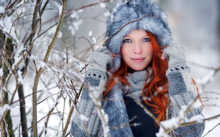 Winter Beauty - woman, beauty, fur, redhead, girl, photography, winter, beautiful, blue, snow