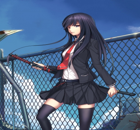 After School - woman, beauty, rude, sky, female, black, white, pretty, grey, clouds, katana, anime, sword, cute, lady, skirt, fence, girl, school, shirt, long hair, lovely, jacket, red, blue, beautiful, weapon, sweet, uniform