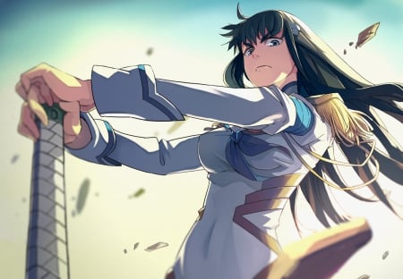 Kiryuuin Satsuki - anime, female, blue, long hair, uniform, art, sky, beautiful, girl, sword, beauty, lovely, sweet, black, angry, white, lady, woman, jacket, cute