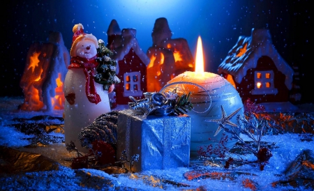 Holiday decoration - nice, new year, magic, santa, pretty, arrangement, holiday, gifts, snowman, candle, light, winter, lovely, christmas, blue, beautiful, decoration