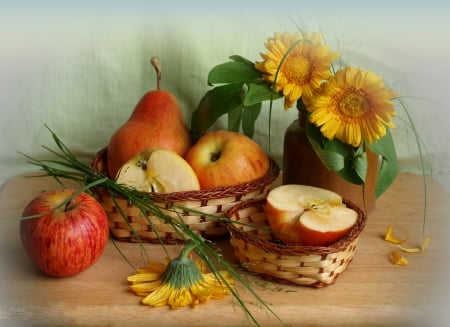 Fruits - nature, pears, fruits, basket, apples, flower