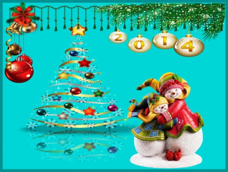 2014 Happy New Year  - joy, design, colorful, snowmen, other, globes, tree, design snowman ornaments, cute, ornaments, love, year, wallpaper, lovely, creative, fir, abstract, happiness, happy, new