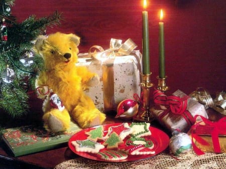 Xmas Still Life - xmastree, teddybear, candles, decoration, gifts, ornaments