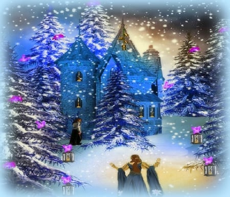 ~Enchanted of Christmas~ - greetings, photomanipulation, fantasy, creative pre-made, digital art, castle, softness beauty, gifts, xmas and new year, celebrations, winter, xmas trees, christmas, holidays, weird things people wear, snow, enchanted, flowers