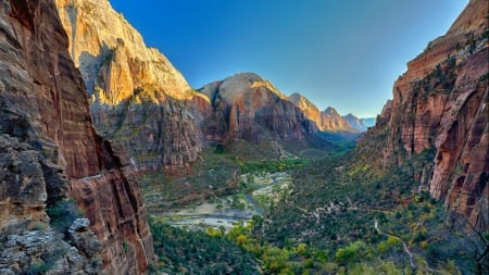 spectacular view of a canyon - river, trees, cliffs, mountains, shadow, canyon