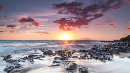 superb sunset - rocks, clouds, beach, sunset, sea