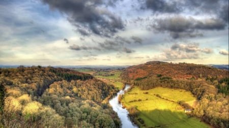 lovely meandering river - forest, clouds, river, valley, hills, fields