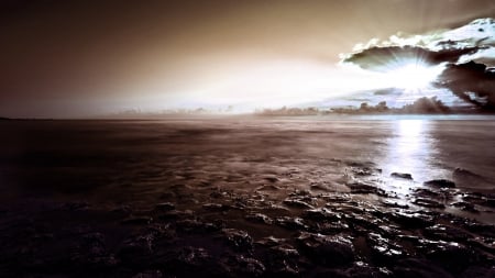 sun rays over brown ocean - clouds, sun rays, beach, brown, sea