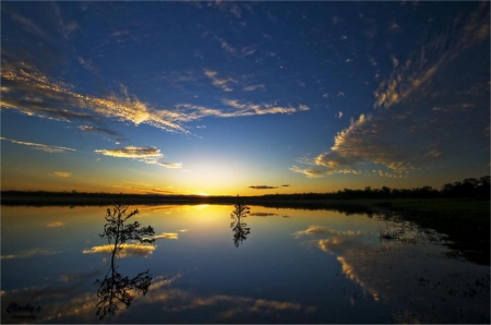 Reflection Sunset - nature, lake, trees, reflection, clouds, sunset