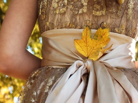 Autumn leaf - gold dress, autumn leaft, girl, bow, tree