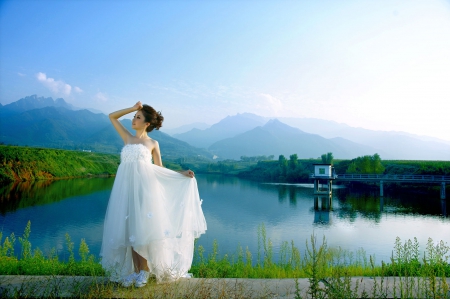 *** Beauty in a white dress on the lake *** - summer, lake, people, model, landscape, female