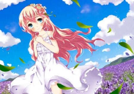 beautiful luka in flowers field - vocaloid, megurine luka, long hair, pink hair, blue sky, flowers, cute girl