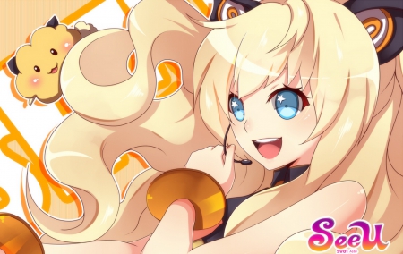 seeu happy smile - blond hair, pretty girl, blue eyes, long hair, seeu, plushie, vocaloid 3