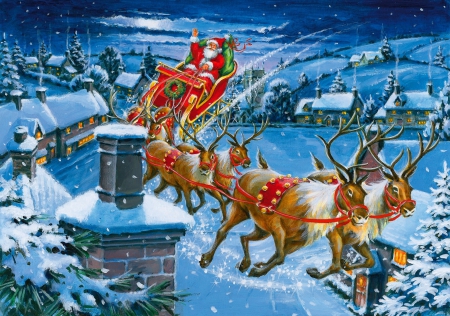 My work here is done - gifts, magic, snow, night, deers, work, holiday, view, frost, nice, art, houses, sleigh, winter, beautiful, lovely, village, christmas, ice, santa, painting, cold, ride, cottages