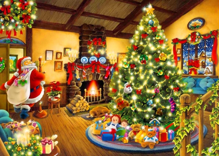 The Eve of Christmas - house, mood, winter, decoration, gifts, beautiful, fireolace, room, eve, home, tree, christmas, santa, holiday, smiling