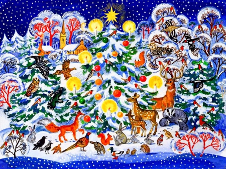 A Christmas tree - fun, birds, snow, stars, joy, deers, holiday, frost, nice, Christmas, art, sky, mood, winter, decoration, beautiful, lovely, tree, santa, painting, animals