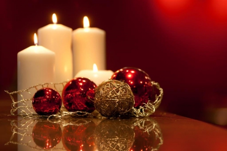 Christmas Candles!♥ - reflections, red, baubles, lights, gold, candles