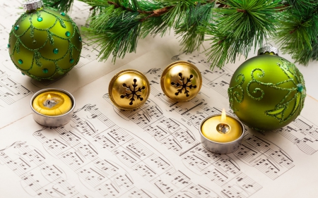 *Christmas* - music, balls, green, candles, love, Christmas, notes