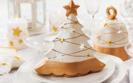 For special 25 December - elegance, stars, candle, bell, lovely, christmas, romantic, white and gold, tree, golden, decoration, ornaments