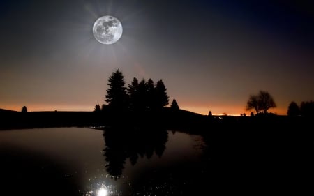 nature - moon, romantic, night, love, tree, nature, moo, hd, lake