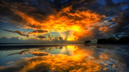 spectacular sunset reflection hdr - beach, reflection, clouds, hdr, sunset, sea