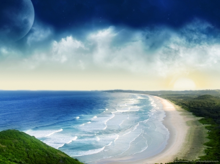 Coastal Tides - clouds, moon, coast, ocean, sky