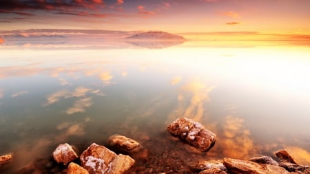 sunset reflection on a smooth lake - lake, reflection, smooth, clouds, sunset, rocks