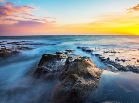 Last Rays - clouds, water, sunset, mist, rocks