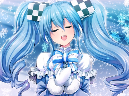 Hatsune miku - anime, vocaloid, female, twintail, snow, dress, long hair, snow flakes, music, blue hair, ribbon, sky, anime girl, game, winter, singer, blush, cool, cg, Hatsune miku, smile, awesome, bow, gloves