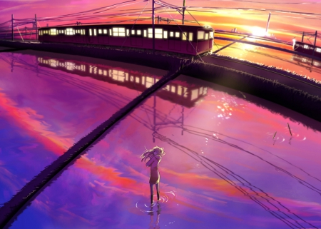 Sunset - pretty, anime, magic, female, landscape, dress, long hair, train, nice, sky, anime girl, game, water, beautiful, blonde hair, scenic, beauty, cool, sweet, cg, fantasy, sunset, awesome, lights