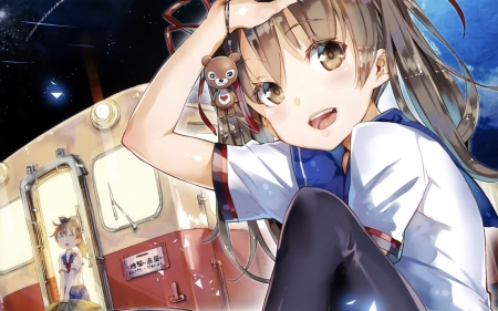 Smile - beauty, nice, female, brown eyes, twintail, anime girl, brown hair, train, pretty, game, cool, anime, cute, light, long hair, cg, beautiful, sweet, uniform, smile, awesome, blush