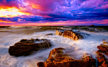 COLORFUL CLOUDS - sky, beach, clouds, sunset, rocks