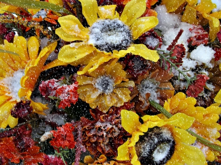 sunflowers bouquet - flowers, sunflowers, yellow, red, snowing, snow