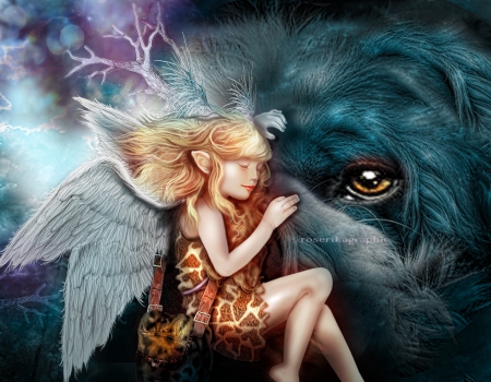 Angel with dog - girl, fantasy, abstract, angel