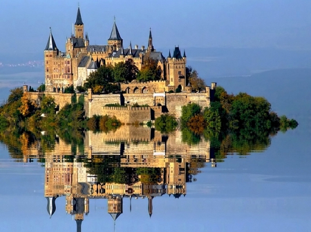 Island Castle Reflection - island, medieval, reflection, castle