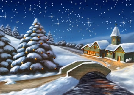 Starry winter night - nice, cottage, slope, countryside, creek, villahr, white, quiet, pretty, calmness, cold, river, holiday, tree, frozen, bridge, stars, winter, night, shore, lovely, serenity, christmas, frost, snow, beautiful, lights