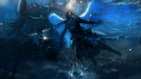 Angel - dark, angel, luminos, blue, wings, fantasy, black