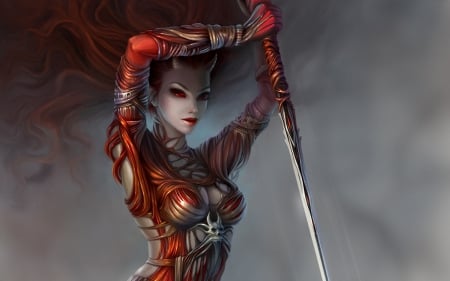 Demon - woman, girl, female, fantasy, horns, red eyes, armour, sword, demon