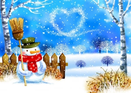 Sweet snowman - birch, cute, joy, beautiful, frozen, frost, snowman, broom, christmas, mood, smiling, heart, fun, lovel, colorful, cold, winter, pretty, snowflakes, sweet, branches, sky, holiday, fence, nice, lovely, ice, trees, day, snow