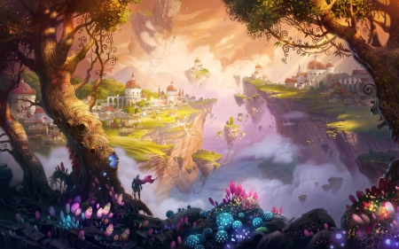 Fantasy world - yellow, pink, castle, blue, tree, fantasy, world