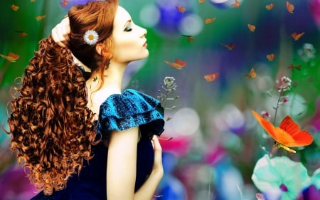 â™¥ - garden, perfume, butterfly, beauty, flowers, lovely, blue dress, nature