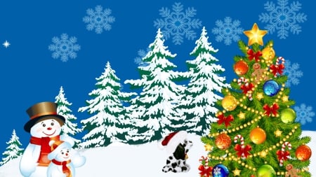 Amazement of Christmas - trees, snowman, snowmen, winter, snowflakes, snow, dog, forest, cheerful, happy, decorations, puppy, Christmas