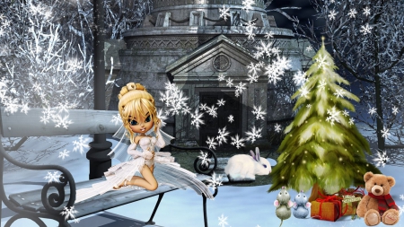 Fairy Land Winter Holiday - house, rabbit, trees, winter, snowflakes, gifts, snow, presents, bunny, Feliz Navidad, goth, fairy, bench, Christmas, mice, sexy