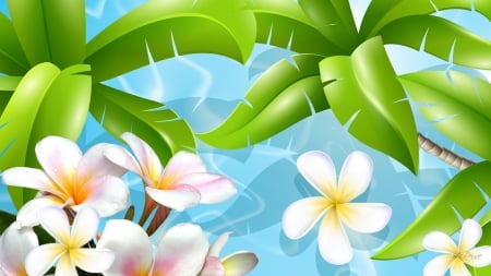 Island Treasures - aqua, frangipani, water, tropical, palm, foliage, island, flowers, plumeria